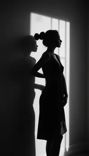 black and white photo of a woman in profile, standing, wearing a sleeveless dress with a deep V-neck, hair in a bun, her shadow on the wall behind her, sunlight casting shadows, high contrast