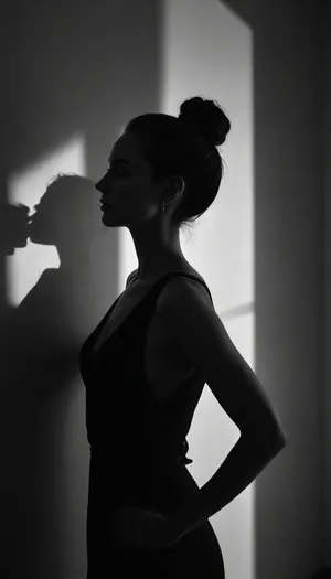 black and white photo of a woman in profile, standing, wearing a sleeveless dress with a deep V-neck, hair in a bun, her shadow on the wall behind her, sunlight casting shadows, high contrast