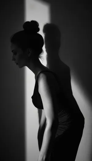 black and white photo of a woman in profile, standing, wearing a sleeveless dress with a deep V-neck, hair in a bun, her shadow on the wall behind her, sunlight casting shadows, high contrast