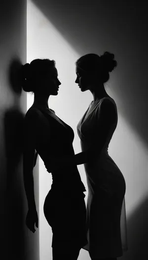black and white photo of a woman in profile, standing, wearing a sleeveless dress with a deep V-neck, hair in a bun, her shadow on the wall behind her, sunlight casting shadows, high contrast