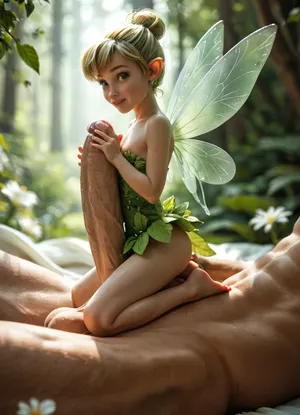 score_9, score_8_up, score_7_up, Disney, tiny fairy relaxing on the side a gigantic cock, arms and legs wrapped around cock, titjob, (detail gigantic cock:1), (gigantic size difference), (laid on cock, cock is her bed), Tinkerbell, 25 year old, fairy wings, micro-dress, slutty green panties, sexy dress, sexy pose, (flatchest), focus on face, frontside view, looking at viewer, forest many flowers, illuminating Tinkerbell igbaddie, <lora:MJ52:.8>, Tinker-Bell, <lora:Cine Princesses:.8>