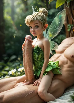 score_9, score_8_up, score_7_up, Disney, tiny fairy on the side a gigantic cock, arms and legs wrapped around cock, titjob, (detail gigantic cock:1), (gigantic size difference), (laid on cock, cock is her bed), Tinkerbell, 25 year old, fairy wings, micro-dress, slutty green panties, sexy dress, sexy pose, (flatchest), focus on face, frontside view, looking at viewer, forest many flowers, illuminating Tinkerbell igbaddie, <lora:MJ52:.8>, Tinker-Bell, <lora:Cine Princesses:.8>