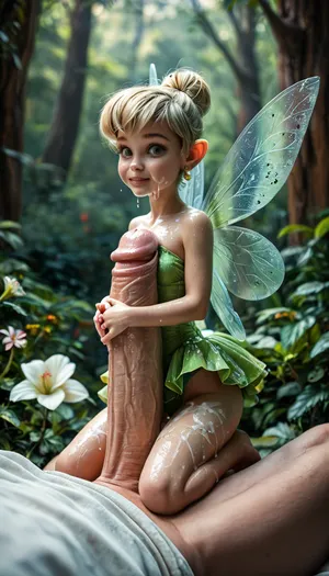 score_9, score_8_up, score_7_up, Disney, cute oiled wet after bukkake, tiny fairy on the side a gigantic cock, arms and legs wrapped around cock, titjob, (detail gigantic cock:1), (gigantic size difference:1.5), (laid on cock, cock is her bed), Tinkerbell, 25 year old, fairy wings, micro-dress, slutty green panties, sexy dress, sexy pose, (flatchest), focus on face, frontside view, looking at viewer, forest many flowers, illuminating Tinkerbell igbaddie, <lora:MJ52:.8>, Tinker-Bell, <lora:Cine Princesses:.8>