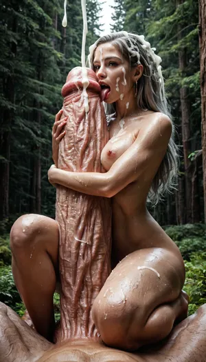 POV, best quality, highly detailed, woman with brushed silver hair and with medium breasts, (naked male giant), (colossal giant's legs:1.2), (colossal male giant abdomen:1.2), (in a forest:1.2), (erected penis:1.2), (woman is sitting on the giant's leg), (woman is embracing the penis:1.2), (woman is licking the penis:1.2), cum dripping from tip of the penis, (woman is naked), (sweaty body:1.5), (colossal and towering penis:2.3), (huge balls), ejaculation, (cum on woman's hair and body:1.5), veiny penis