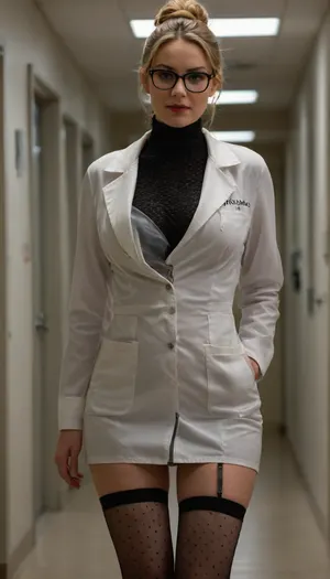 ((((combine and enhance the following scenario effects, (background hospital and opereting room scenery, medical equipment), (woman with European Slavic appearance), (well-fed with curvy shapas but slim and beautiful), (usually looks natural everyday), (petite, compact woman, plump woman, short), (complex head and face look, light bronde hair, ash hair, gray-light eyes, big eyes, good makeup), (highly detailed face), (stylish glasses with thin frames), (as a middle doctor slender), (young medical student, hair is light, slightly disheveled, twisted into a bun at the back of the head patent leather, tight leather mini skirt, turtleneck jumper), (long light cotton cloth medical gown), (white medical coat of a hospital worker, dress under hospital coat), (medical gown wide open), (stethoscope), (erotic stockings with dots), (heels walking anxiously in a hospital full body view), (muscular, muscle tension in the legs, dense, powerful, slender, elegant, erotic legs, seductive legs), (high heel platform shoes, sexy sophistication shoes, high stilettos), (small style home photo), (visually dressed in casual clothes, simplicity, and ordinariness), (translucent jumper, breast silhouette is visible, nipples and breasts are visible, breasts are pressing on the fabric, relief is visible, it looks cool, seductive, beautiful and gentle), (high quality clothing ditolization, drawing details, seams, folds, texture, relief, reflective ability of the surface of fabrics, buttons, zippers, etc.), (walks quickly down the hospital corridor), (she's in a hurry, walks without being distracted by the sides, walks intensively, quick step), (nurse-doctor look sexually provocative, elegant, aesthetically cute), (she is in full growth), (she goes about her work and does not look at the camera or the viewer), (she is not posing, the effect is peeping), (bra with bones wrapped under boobs, boobs with push up effect, chest is visually exposed a little from side, breasts are full, raised, elastic, brought together, nipples are firm, fresh young breasts), (a garter belt with straps attached to the stockings, dark-colored stockings with wide cuffs), (high-heeled shoes, sexy stylish stilettos), (jewelry, beautiful, perfectly hands, fingers, rings, pouts cutely, lipstick, detailed skin), (sharp focus, 8k quality, focus, sharpness), (whole body with legs and arms in frame, whole body in frame), (sexy legs and feet in sexy shoes), (effect of peeping), (symmetry, conciseness, elegance), (a well-balanced masterpiece, thoughtful image down to the smallest details), (dim light intimate), (AI control and stabilization of the scenario), (visually the image looks like hyper realism, ultra realism, 3D effect, presence effect, like a living image, true-to-life, as close as possible to life reality, in ultra realistic quality, shocks the viewer with the realism of lighting and colors)))))