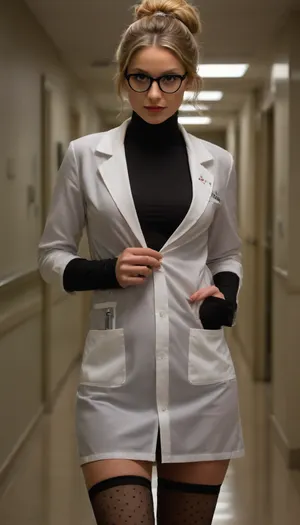 ((((((combine and enhance the following scenario effects, (((background, hospital and opereting room scenery, medical equipment))), (woman with European Slavic appearance), (well-fed with curvy shapas but slim and beautiful), (usually looks natural everyday), (petite, compact woman, plump woman, short), (complex head and face look, light bronde hair, ash hair, gray-light eyes, big eyes, good makeup), (highly detailed face), (stylish glasses with thin frames), (as a middle doctor slender), (young medical student, hair is light, slightly disheveled, twisted into a bun at the back of the head patent leather, tight leather mini skirt, turtleneck jumper), (long light cotton cloth medical gown), (white medical coat of a hospital worker, dress under hospital coat), (medical gown wide open), (stethoscope), (erotic stockings with dots), (heels walking anxiously in a hospital full body view), (muscular, muscle tension in the legs, dense, powerful, slender, elegant, erotic legs, seductive legs), (high heel platform shoes, sexy sophistication shoes, high stilettos), (small style home photo), (visually dressed in casual clothes, simplicity, and ordinariness), (translucent jumper, breast silhouette is visible, nipples and breasts are visible, breasts are pressing on the fabric, relief is visible, it looks cool, seductive, beautiful and gentle), (high quality clothing ditolization, drawing details, seams, folds, texture, relief, reflective ability of the surface of fabrics, buttons, zippers, etc.), (walks quickly down the hospital corridor), (she's in a hurry, walks without being distracted by the sides, walks intensively, quick step), (nurse-doctor look sexually provocative, elegant, aesthetically cute), (she is in full growth), (she goes about her work and does not look at the camera or the viewer), (she is not posing, the effect is peeping), (bra with bones wrapped under boobs, boobs with push up effect, chest is visually exposed a little from side, breasts are full, raised, elastic, brought together, nipples are firm, fresh young breasts), (a garter belt with straps attached to the stockings, dark-colored stockings with wide cuffs), (high-heeled shoes, sexy stylish stilettos), (jewelry, beautiful, perfectly hands, fingers, rings, pouts cutely, lipstick, detailed skin), (sharp focus, 8k quality, focus, sharpness), (whole body with legs and arms in frame, whole body in frame), (sexy legs and feet in sexy shoes), (effect of peeping), (symmetry, conciseness, elegance), (a well-balanced masterpiece, thoughtful image down to the smallest details), (dim light intimate), (AI control and stabilization of the scenario), (((visually the image looks like hyper realism, ultra realism, 3D effect, presence effect, like a living image, true-to-life, as close as possible to life reality, in ultra realistic quality, shocks the viewer with the realism of lighting and colors)))))))))