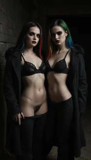 t33nager, vampire girl, Anarexic body type, rainbow hair, Thigh-length long hair, red eyes color, Proper eyes, A glance at the camera, Symmetrical eyes, Identical eyes, emo style makeup, Black lipstick, Coat, Sexy Lingerie, Sexy bra, Sexy strings pants, hairy pussy, hairy armpit, night TIME, snow winter., The right eye is covered with bangs, flat, chested, bukkake, cum, cum belly, cum legs, covers chest with hands, angry face, calm, <lora:dark:2>, <lora:flat_chested_v3.5:1.6>, <lora:MS_Real_XL_Bukkake:1>, <lora:angry:1.4>