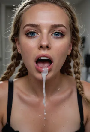 score_9, score_8_up, score_7_up, Create breathtaking 8k high resolution picture, Camera Camera angle from above petite supermodel, slim arms, 21-year old skinny pale girl, with light blonde, two thick wet braided Dutch braids placed over the shoulder, Several hair ties in braids, hair clips, beautiful blue eyes, expensive black ruffled bra, tits sticking out, (wearing expensive black ruffled transparent wet panty hose), Subtle freckles, open mouth, completely messy smeared makeup, messy lipstick, smeared black eyeliner, smeared maskara, facial expression, disgusted, o-face, Ahegao-face, cute looking, rolling eyes, several massive facial, cum in mouth, cum in hair, cum on bra, mouth brimming, full of cum, making her vomit, cum flows from face holding big round transparent glass bowl full of liquid cum with both hands directly under her chin, drinking cum running from face in bowl, drinking cum from bowl, swallowing cum, facial, pussy Squirting juice to floor, (bukkake, hard cocks slap her face, spreading cum to face), bukkake, facialized, superfacialized, many cocks slapping face, cocks spreading cum, cocks spraying cum in face