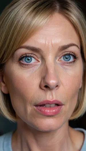 1girl, average height, french, bob cut dark blonde hair, 55 years old, thin, slim, solo, blue eyes, perfect eyes, realistic, wrinkles, lick her lips by her tongue