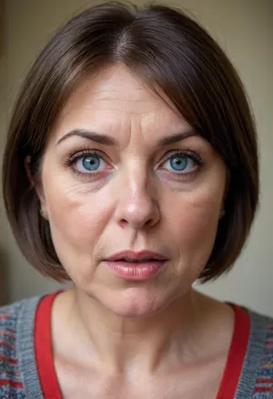 1girl, average height, french, bob cut brunette hair, 55 years old, thin, chubby, solo, blue eyes, perfect eyes, realistic, wrinkles, lick her lips by her tongue