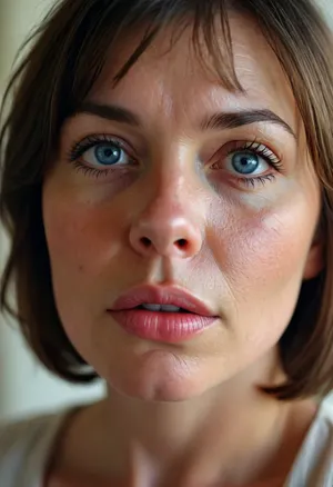 1girl, average height, french, bob cut brunette hair, 55 years old, thin, chubby, solo, blue eyes, perfect eyes, realistic, wrinkles, lick her lips by her tongue, <lora:MJ52:.8>