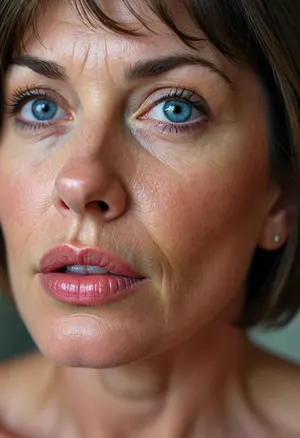 Milf, average height, french, bob cut brunette hair, 55 years old, thin, chubby, solo, blue eyes, perfect eyes, realistic, wrinkles, lick her lips by her tongue, <lora:MJ52:.8>