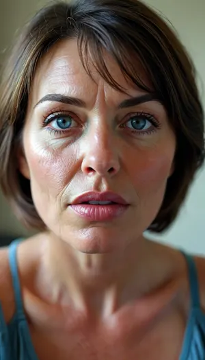 Milf, average, Italian, bob cut brunette hair, 55 years old, thin, chubby, solo, blue eyes, perfect eyes, realistic, wrinkles, lick her lips by her tongue, <lora:MJ52:.8>
