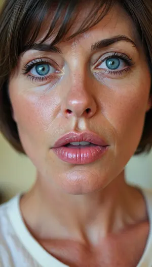 Milf, average, Italian, bob cut brunette hair, 55 years old, chubby, solo, blue eyes, perfect eyes, realistic, wrinkles, lick her lips by her tongue, <lora:MJ52:.8>