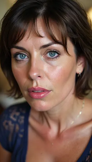 Milf, average, Italian, bob cut brunette hair, 45 years old, chubby, solo, blue eyes, perfect eyes, realistic, wrinkles, lick her lips by her tongue, saggy, cleavage, downblouse, <lora:MJ52:.8>