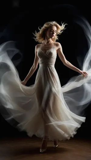 a slender blonde woman with long wavy hair, wearing a sheer dress and high heels, standing in a dark studio with swirling light patterns in the background, soft lighting, high contrast, medium shot, woman looking down, translucent fabric swirling around her