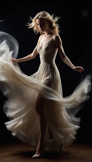 a slender blonde woman with long wavy hair, wearing a sheer dress and high heels, standing in a dark studio with swirling light patterns in the background, soft lighting, high contrast, medium shot, woman looking down, translucent fabric swirling around her
