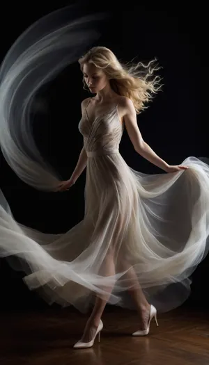 a slender blonde woman with long wavy hair, wearing a sheer dress and high heels, standing in a dark studio with swirling light patterns in the background, soft lighting, high contrast, medium shot, woman looking down, translucent fabric swirling around her