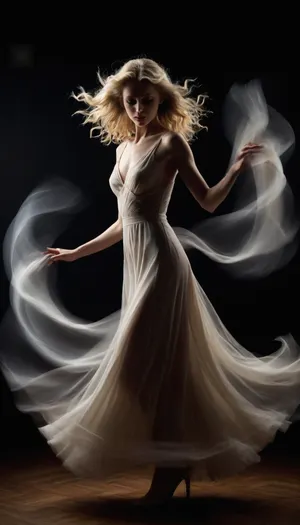 a slender blonde woman with long wavy hair, wearing a sheer dress and high heels, standing in a dark studio with swirling light patterns in the background, soft lighting, high contrast, medium shot, woman looking down, translucent fabric swirling around her