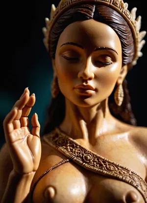 a macro photo of a sexy female goddes figurine carved from bone in the realistic detailed palm of a primitive human, close-up shot detail