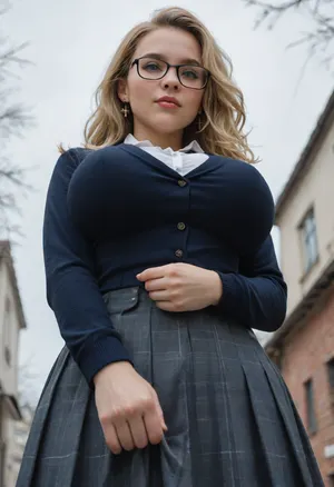 russian model 18 year old, schoolgirl uniform, extremely massive breasts, pulling blouse open revealing breasts, blue eyes, slim figure, cross medium blonde, view from extreme below, medium skirt, dark framed glasses, modest, dus station, winter, low angle view