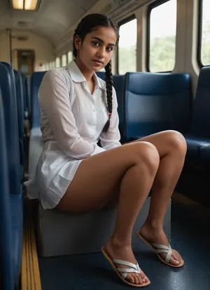 Busty Bengali young girls, 23 yo, in a train, a bit tanned, black braids, wearing white flip flops, school dress, vagina visible, she is topless. Posing for photo, she is happy, all, fours, crossed, legs, flying, kick, high, kneeling, leaning, forward, lying, down, on, stomach, seated, sitting, ground, seiza, spread, squatting, wariza, Indian, style, folded, ((see-through)), (school, uniform), <lora:378778_training_data:1>