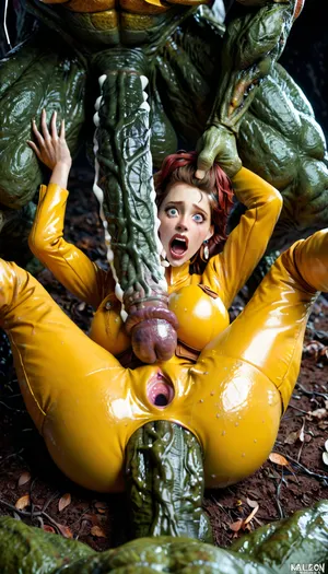 (April oneil from tmnt), (wearing april oneil yellow catsuit), (detailed face), (terrified expression), (horror screaming), crying, female laying on her back on the ground, giant tmnt male monster, barbed penis, thick monster cock, giant horror with rigged penis, giant horror, horror huge cock, large breast, with extremely monstrous massive thick cock, sweaty, massive cock, colossal cock, cock bigger than woman, full body enormous cock, massive cocks with massive circumference, larger male, huge ridged penis, assfucked by giant ugly space monster, giant ugly space monster pounding, grabbing hair, anal fucking, anal sex, anal penetrtion, monster with extremely monstrous massive thick cock, beast, mating, cock bigger than full body, enormous cock