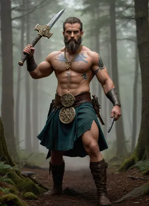 Modern colored pencil sketch, A fierce, muscular Celtic warrior, barechested with intricate blue woad body paint, a rugged beard, and a primitive necklace, holding a golden short sword raised high in one hand and a gold-bladed axe in the other, wearing a kilt-like garment of fur and green cloth, with a large ornate belt buckle showcasing a triskelion symbol, and primitive leg wraps and shoes, charging dynamically with a battle expression. During a battle in a dense, misty forest with numerous blurred, silhouetted warriors in the background, suggesting a chaotic melee. Fantasy art, Digital Painting, Epic Fantasy, inspired by historical Celtic art. Natural lighting, slightly diffused due to mist, focusing on the central figure with dramatic highlights. Full body shot, slightly low angle to emphasize power, dynamic action pose. Intricate details on body paint and attire, aggressive expression, realistic texture on fur and weaponry, atmospheric background with sense of movement, high fantasy, ancient warfare, colored, contrast, tone, texture, details, stylish, elegant