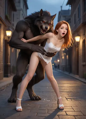 1girl, Andariel, 35 years old, long colorful red hair, small fringe, large vibrant red eyes, torn white underwear, torn panties down, shaved pussy, thigh gap, very shocked face, mouth opened, screaming, very slim, small b cup breasts, standing, legs spread, light sandals, arched back, (werewolf is fucking girl from behind, werewolf is holding waist), werewolf is tall, werewolf is bent over, aggressive, girl is doggy fucked, massive penis is fucking vagina, deep vaginal insertion, epic squirting, squirt dripping massively, at night, very dark night, in empty street, small paved stones on floor, street lamps, detailxl, alluring, ginger, glowing, <lora:Andariel The Hot Succubus_epoch_8:.5>, EdobWerewolf, <lora:EdobWerewolf_XL_v1.0:.5>, DonMN1gh7XL, <lora:DonMN1gh7rXL-000006:.5>
