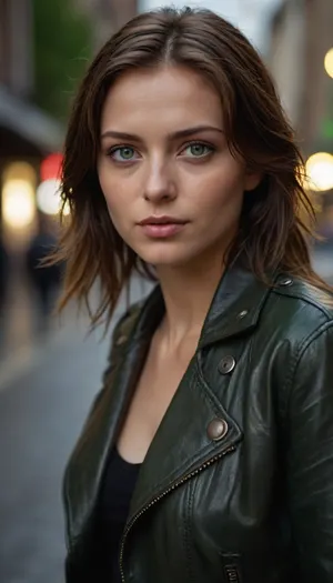 a woman with green eyes, medium close-up, slight smile, wet and messy brown hair, wearing a leather jacket, natural skin tone, subtle makeup, casual and confident look, urban background with blurred buildings and people, soft lighting