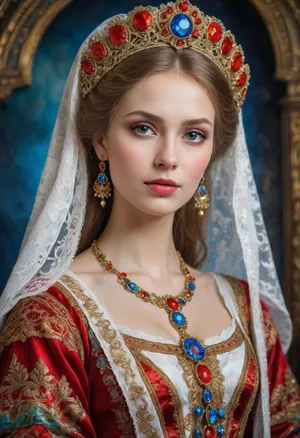 Portrait of a Russian beauty in national costume, lace filigree of bright, rich color. Super clear, highly detailed watercolor, glaze technique, plus colored alcohol ink, style of V. Vasnetsov