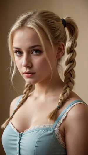 beautiful blonde 18 years old with ponytails woman, lewddungeon, background walls, <lora:tiedbreastsblue_XL_reg0_:.5>