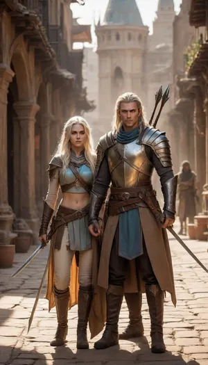 tall and lean male high elf rogue-fighter with sun-bleached hair and piercing ice-blue eyes, and a cunning female elf rogue with sun-kissed skin, copper-streaked dark hair, and sharp amber eyes, both clad in lightweight leather armor in muted desert tones. They move in perfect unspoken coordination through the shadows of a sandstone alley, Elandros with a finely crafted longbow and black-fletched arrows, the rogue with a curved Kathiri dagger in hand. Dust swirls in the hot evening wind as golden light spills across the domes and minarets of the bustling market district behind them, the air thick with spice and tension, ultra-realistic cinematic fantasy art
