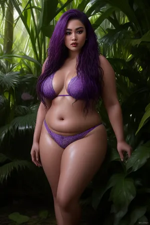 0509 A plus-size Hawaiian woman with flowing, vibrant purple hair, standing confidently in a lush, overgrown jungle garden. Her attire is a fusion of traditional Hawaiian patterns and edgy, urban streetwear. she is completey with water soaked. soaked hair, soaked face, soaked body and soaked clothes. Dewdrops glisten on oversized leaves and exotic flowers. The atmosphere is dreamy and romantic, with soft, ethereal light filtering through the dense canopy. Photorealism with a touch of Art Nouveau elegance, detailed rendering, professional photography., skindentation, bbw, venus, body, big, chubby, WhitishCherry, <lora:WhitishCherry:1.4>