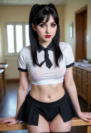 a pale, white British goth school girl, 18, gothic make up, very fit slim petite body, massive fake breasts, small body, black hair in a long ponytail, posing in an extremely short slutty and tight school uniform, showing her ass, full body visible, realistic, detailed. Looking down at camera, view of panties, short top revealing underboob
