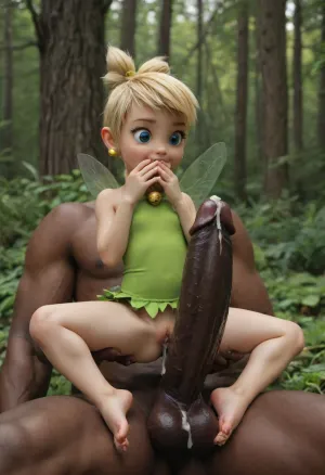 UHD, (maximum quality), deep in the forest, (dark skin male, enormous black penis), interracial, (size difference:1.6), (tiny fairy girl), (tinkerbell:1.5), yellow blonde twin tails, blue eyes, ripped green minidress, skin tight minidress, reverse cowgirl position, visible feet, soles, toes, puking cum, cum explosion from mouth, covering mouth with hands