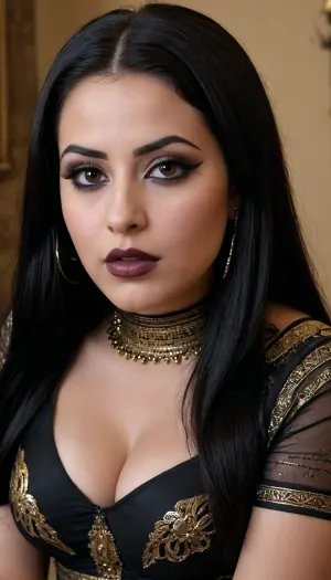 Athletic 20 year old Egyptian girl with dark straight long black hair without bangs, goth, she has extreme dark hazel eyes, wearing lots of black eye makeup with sharp black points at the corner of her eyes, dark lipstick, big tits, cleavage, traditional Egyptian outfit, fat ass, wide hips