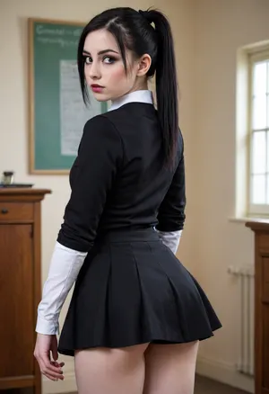 a pale, white British goth school girl, 18, gothic make up, very fit slim petite body, small body, black hair in a long ponytail, posing in an extremely short slutty and tight school uniform, showing her ass, full body visible, realistic, detailed.