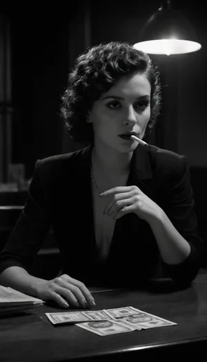 Film noir style black and white photograph of a woman with short curly hair, smoking a cigarette, sitting at a table with money, a glass, and a bottle, dramatic lighting with shadows, mid-century fashion, serious expression