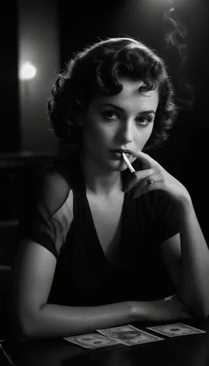 Film noir style black and white photograph of a woman with short curly hair, smoking a cigarette, sitting at a table with money, a glass, and a bottle, dramatic lighting with shadows, mid-century fashion, serious expression