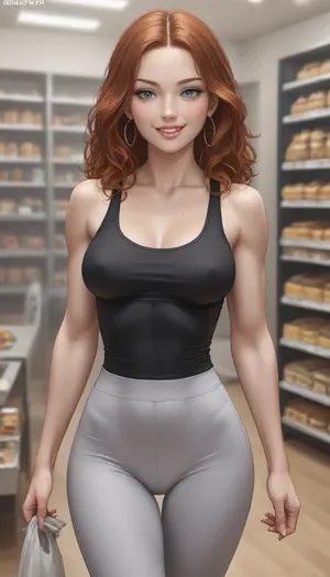 ziprealism, score_9, score_8_up, (amateur candid snapshot), (mischievous eyes, naughty grin, smug, strutting, perfect eyes), (slender), (long auburn hair, center-part hairstyle), (tight tank top, tight yoga pants), (muscular shoulders), (thigh gap, wide hips), grocery store