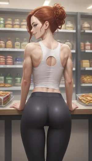 ziprealism, score_9, score_8_up, (amateur candid snapshot, from behind), (mischievous eyes, naughty grin, smug), (slender), (long auburn hair, center-part hairstyle), (tight tank top, tight yoga pants), (muscular shoulders), (thigh gap, wide hips), grocery store