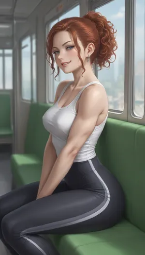 ziprealism, score_9, score_8_up, (amateur candid snapshot, side view), (mischievous eyes, naughty grin, smug), (long auburn hair, center-part hairstyle), (tight tank top, tight yoga pants), (muscular shoulders), (wide hips), sitting in subway train