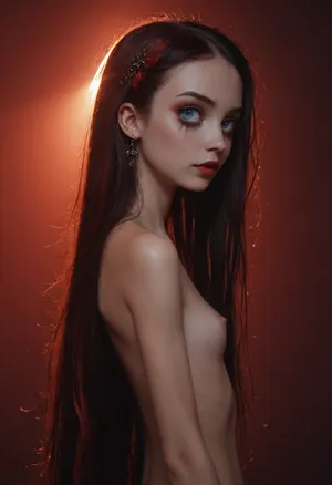 1girl, gothicstyle, (fully nude), (skinny:1.5), very long hair, dark purple hair, red goth accessories, red goth makeup, beautiful eyes, bright colors, high contrast, vivid lighting, rating_safe, BREAK, sapphire blue eyes, dark red gradient background, red backlighting, sit on the lap of fat old man, old man grab her ass, girl kiss oldman