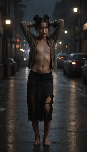 (public street), (Rain), (Rainfall), (night TIME), (Homeless), (asian face), (japanese face), (Experiences joyful emotions), (petite body type, Flat chested), (unwashed hair), (full body), (Unkempt hair), (black hair), (Hands behind your head), (Hairstyle bun), (150 cm Height), (Unwashed, dirty, sweaty), (dirty clothes), (dirty body), (unwashed body), (mude body), (Sweaty body), (torn clothes), (Running down the street), (run), torn skirt, torn long sleeve, torn Cardigan, torn Coat, FACE, Showing armpit, Smiling, Laughs, (Black manicure), (Black pedicure), torn, fly, down, at, _______, <lora:tornclothesv6-8:1.1>, <lora:dark:1.6>