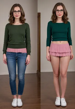 Before and after, (a shy woman with shoulder-length wavy brown hair, she appears to be in her late twenties or early thirties, light-skinned, She is wearing glasses with dark frames and a dark green cashmere pullover), (BEFORE she is wearing long jeans pants and white sneakers:1.1), BREAK, (AFTER she is wearing a pink pleated micro skirt and pink platform high heels, slut outfit), <lora:OnoffXL_ExtraCrispy:.4>
