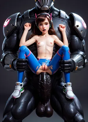 (Very petite:2), very tight body, short young girl, diva from overwatch, diva cosplay, face in pain, (young adult:2), cute young face, anal sex, (huge black cock:1.6), (size difference:1.5), by Doomfist from overwatch, doomfist cosplay, small fresh pussy, torn body suit, 1man and 1girl, 1 dick, anal insertion, panntyhose, black, pantyhose, white, D.Va, Overwatch, <lora:pantyhose_xl_v1:.8>, <lora:Animated_Concept:.8>, <lora:d.va_xl_v1:1.9>