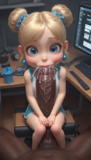 Black man in gym shorts, sits at his gaming computer desk, he looks down at the young girl between his legs, mouth full with his cock, interracial, (very tiny young girl:1.7), (very very cute), (cute blonde twinbuns), big blue eyes, bulging cheeks, (huge hyper cock), barely fits her little mouth, deep throat blowjob, looking down angle, excessive cum