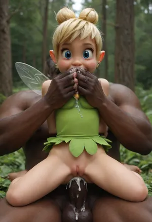 UHD, (maximum quality), deep in the forest, (dark skin male, enormous black penis), interracial, (size difference:1.8), (tiny fairy girl, very small frame, very skinny), (tinkerbell:1.5), yellow blonde twin tails, blue eyes, ripped green minidress, skin tight minidress, reverse cowgirl position, anal penetration, grabbing waist, grabbing hips, forcing her down, very small cute pussy, visible feet, soles, toes, ((cum pours from mouth), (cum explosion from mouth:1.6), (closed mouth full of cum), (bulging cheeks full of cum:1.4), (covering her mouth:1.6))