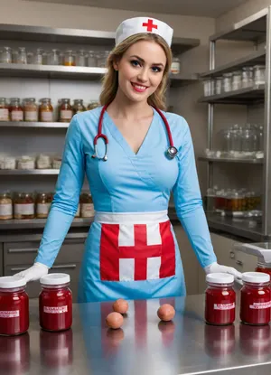 A 4K photo of a tall and sexy nurse with a perfect rounded chubby ass, narrow waist and sexy bloodstained cleavage. Full body photo from feet to head. She has a perfect hourglass figure and is wearing a tight shiny light blue latex uniform, a white bloodstained apron with a red cross on it, and very long bloodstained white latex gloves over the elbows. The nurse is standing in a hospital room with a gynelogical chair with heavy bloodstained paper sheets in the background. She has a stunning beautiful face, with a little black makeup, perfect smokey eye, and is laughing sadistically. The eyes are open, eyes pupils are visible. She is holding two dark red egg-shaped two inch sized bloodstained meatballs in her left hand. She squeezes the egg-shaped meatballs firmly. A medical jar, filled with a clear fluid and two bloody two inch sized egg-shaped meatballs, is visible in the foreground on a medical stainless-steel table, (filled medical jars:1.5), . Several medical jars in a storage rack are clearly seen in the background. The medical jars are labeled with different surnames like Smith, Parker or Winterbottom. These medical jars in the background are all filled with a fluid and two egg-shaped meatballs each, (detailed background:1.6), .